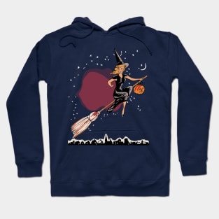 Witches Fly In The Sky On Halloween Night Witch on Broom with Jackolantern Hoodie